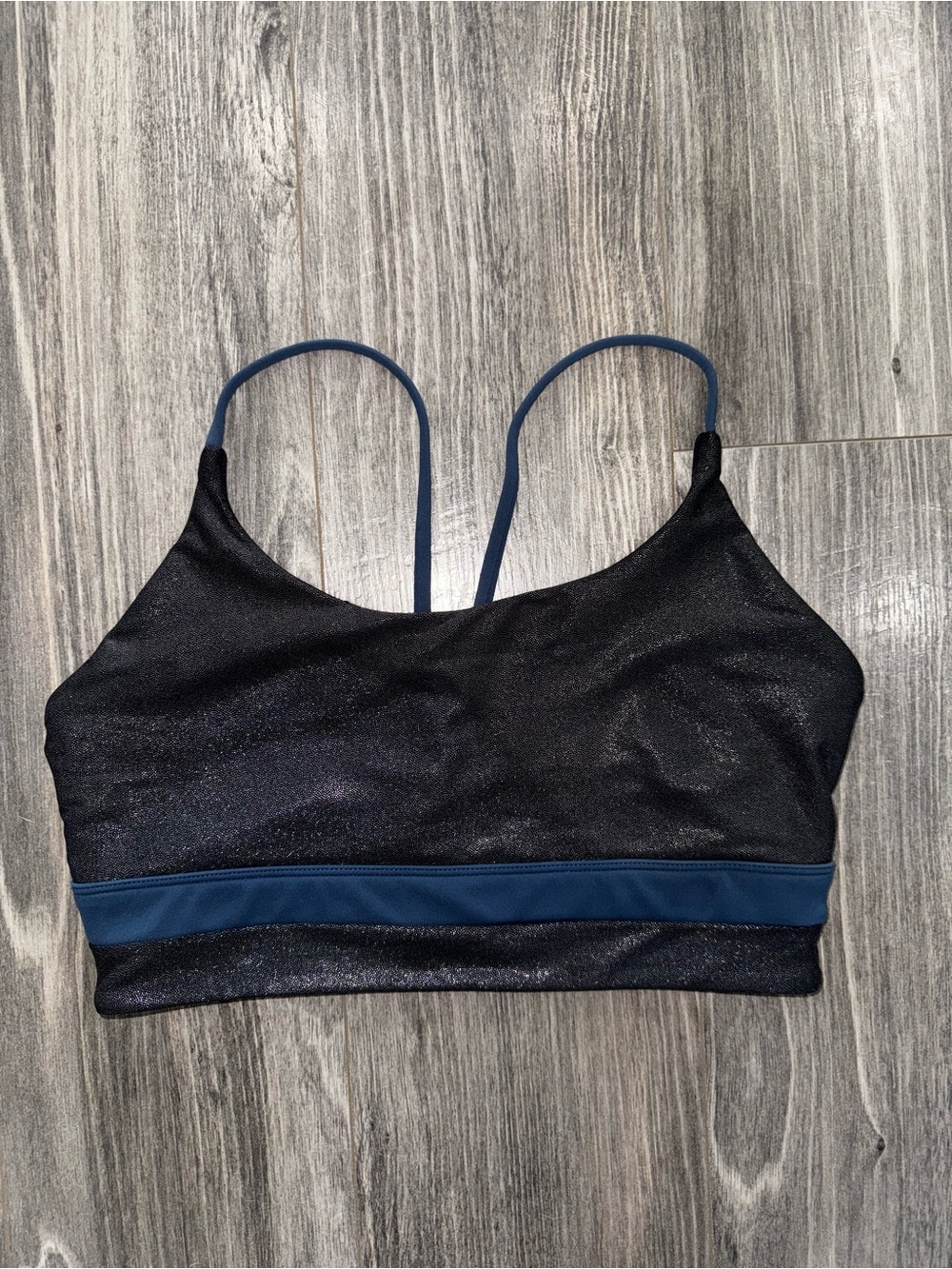 ZYIA Active Twilight Luxe Bra Small Black Blue Metallic Strappy Sports Bra